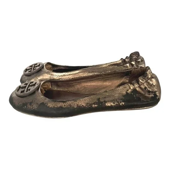 Tory Burch Minnie Leather Ballet Flats 8 Pewter Grey Metallic Double T Logo - Picture 2 of 10
